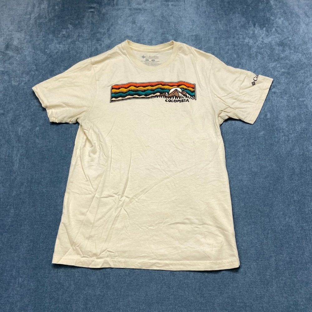 Columbia Sportswear Company T Shirt Mens Small Ivory Cotton Wordmark Logo Tee